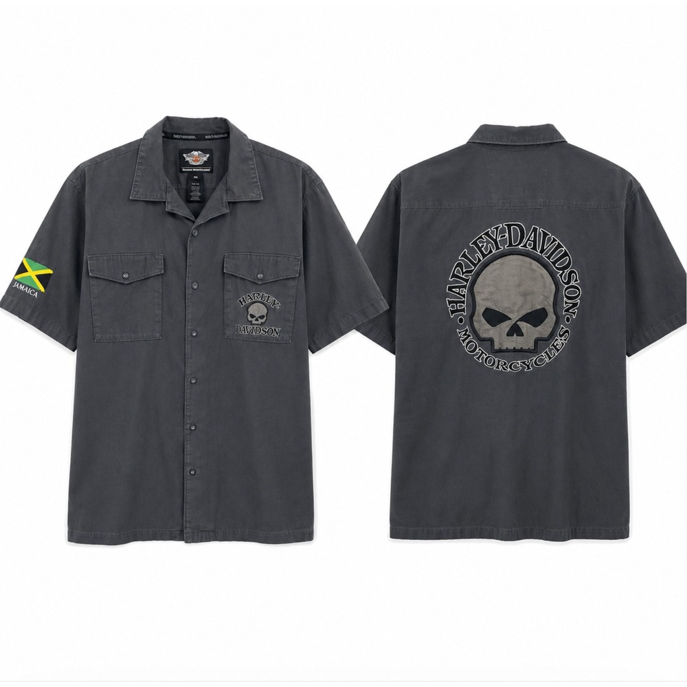 Harley Davidson Willie G Skull Embroidered Work Shirt 3XL Gray Button Up Biker